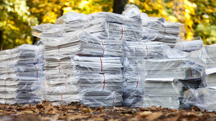 Newpaper stacks in a park in Oslo, Norway