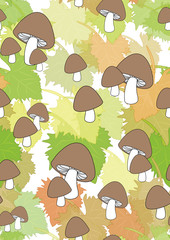 Seamless pattern with leaves and mushrooms