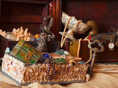 vintage treasure chests with old jewellery