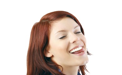 portrait of a happy female smiling (white background)