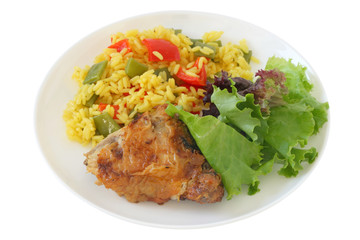 Fried chicken with rice and salad