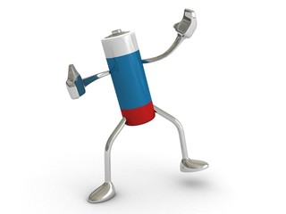 The blue battery with hands and legs