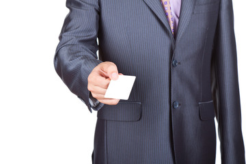 Businessman handing blank business card isolated over white