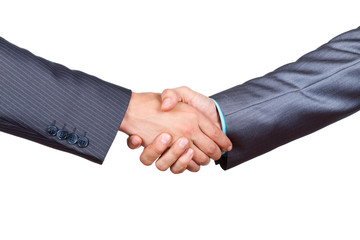 Two businessmen hands handshake isolated over white