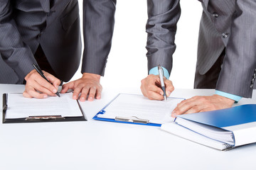 business people standing working with documents sign up contract