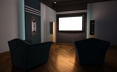 Interno con tv e impianto home theatre con divani