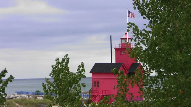 Great Lakes lighthouse on a windy cloudy day