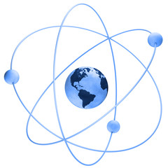 Blue atom symbol with a globe