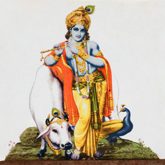 image of hindu god  Krishna with cow, peacock , flute - 36056161