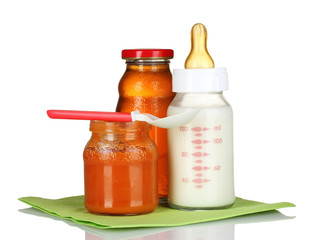 juice, baby bottle and pacifier isolated on white