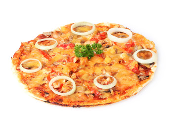 tasty pizza with vegetables and meat isolated on white