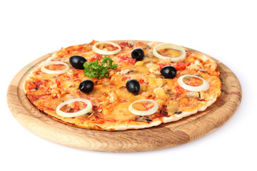 tasty pizza with olives on wooden stand isolated on white