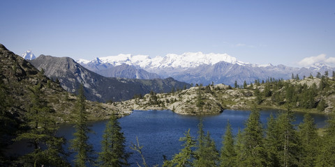 Fototapeta na wymiar alpejskie jezioro w tle Matterhorn i Monte Rosa