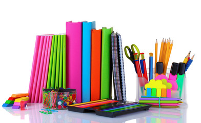 Fototapeta premium bright stationery and books isolated on white