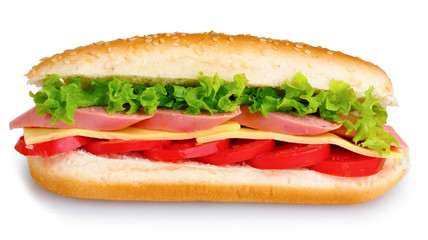 Sandwich with sausage, cheese and tomatoes isolated on white