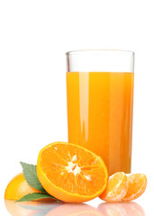 Tangerines and juice glass isolated on white