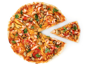 Delicious pizza with seafood isolated on white