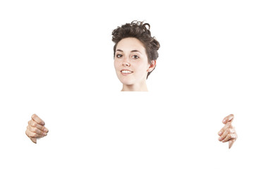 beautiful young girl holding an empty white poster