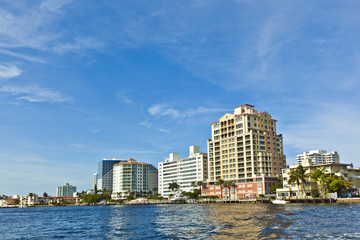 skyline of Fort Lauderdale seen from the canal