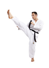 Taekwondo, gerader Fußtritt, vor weiß