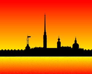 Naklejka premium Silhouette of Peter and Paul fortress after sunset