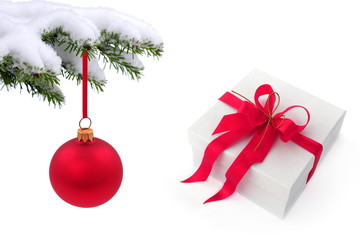 Christmas tree over  gift with red ribbon