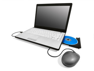 laptop with open compact disc tray and mouse