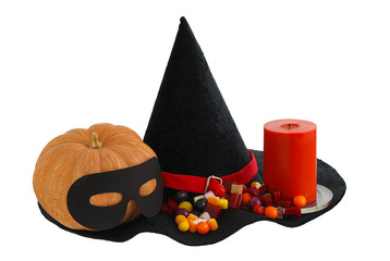 Halloween candies with candle and  pumpkin on edge witch hat iso
