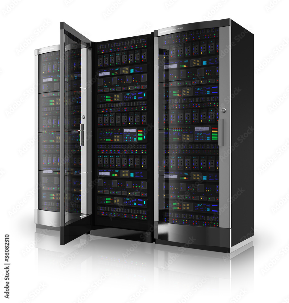 Poster server racks with open door