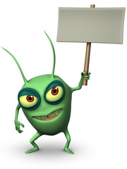 green bug holding placard