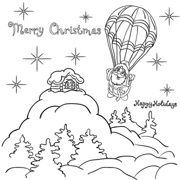 Cheerful Santa Claus goes down from the sky on a parachute.