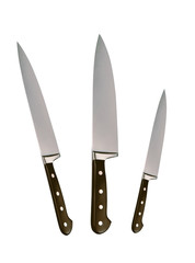Three metal kitchen knives isolated on the white background