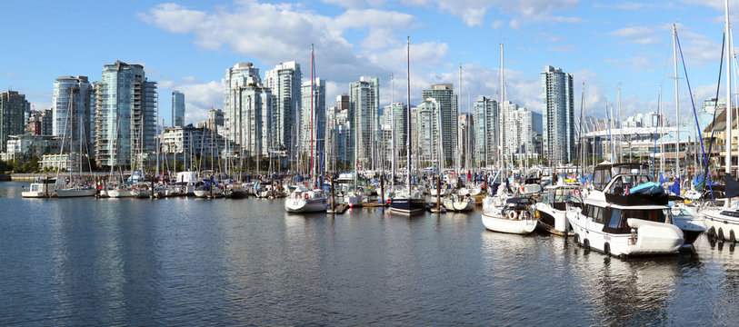 False Creek marina panorama & the Vancouver BC skyline, Canada.