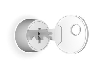 key in the keyhole on a white background