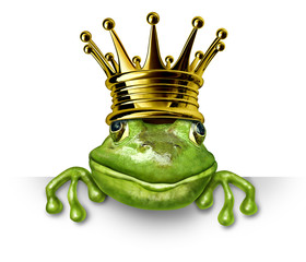 Frog prince with gold crown holding a blank sign - obrazy, fototapety, plakaty