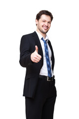 junger Mann im Anzug zeigt Top-Daumen