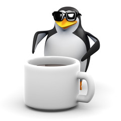 3d Penguin and giant coffee cup