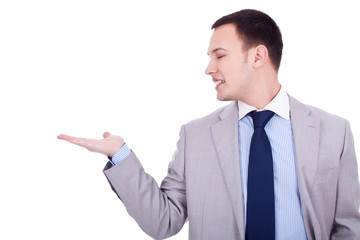 man presenting product