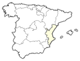 Fototapeta na wymiar Map of Spain, Valencian Community highlighted