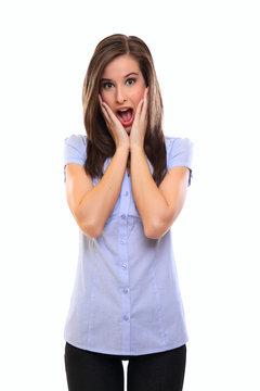 surprised young brunette woman
