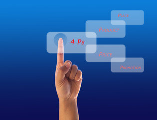 hand pressing  botton 4Ps on blue screen