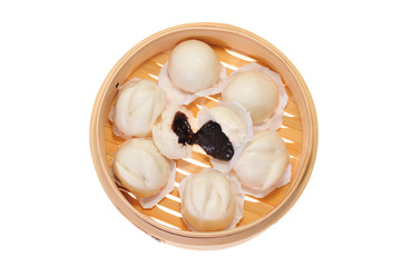 Chinese Buns With Sweet Bean Paste Filling  In A Bamboo Steamer