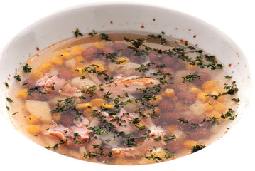 Sopa de choclo porotos jamón y tocino