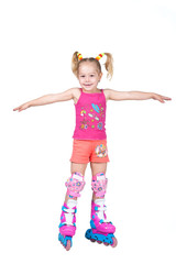 Cute roller skating little girl isolated on white background
