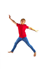 Fototapeta na wymiar smart boy with red shirt jumping in the air