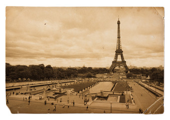 vintage sepia toned postcard of Eiffel tower in Paris