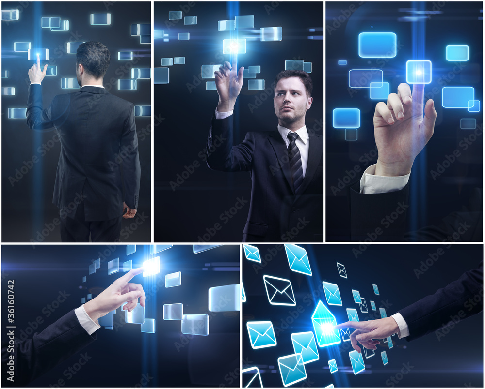Aufkleber set of business man and hands pushing a button