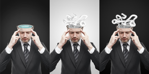 Set of mans with confusing tangle of thoughts