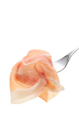 Uncured ham on fork