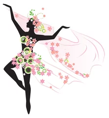 Foto auf Glas Silhouette der schönen tanzenden Frau mit Blumen © itmuryn